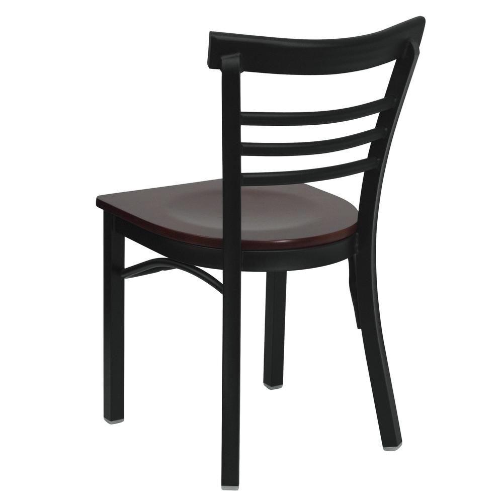 Black Three-Slat Ladder Back Metal Restaurant Chair - Mahogany Wood Seat. Picture 3
