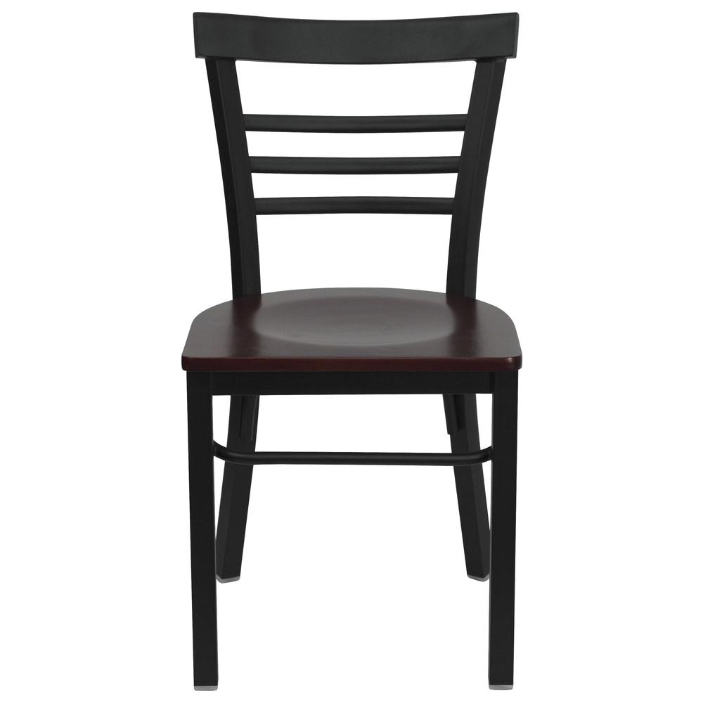 Black Three-Slat Ladder Back Metal Restaurant Chair - Mahogany Wood Seat. Picture 4
