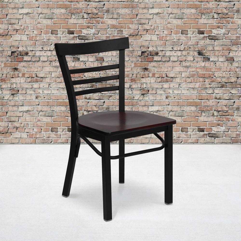 Black Three-Slat Ladder Back Metal Restaurant Chair - Mahogany Wood Seat. Picture 5