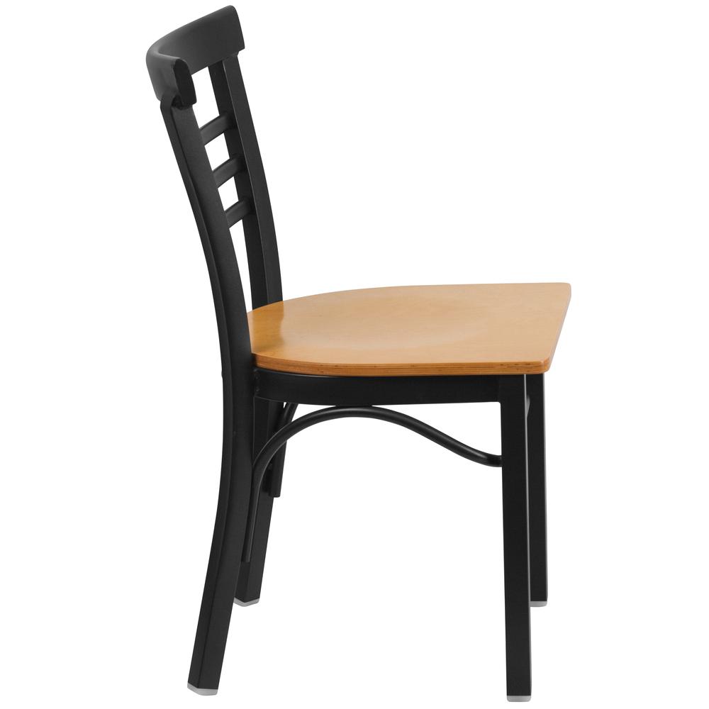 HERCULES Series Black Three-Slat Ladder Back Metal Restaurant Chair - Natural Wood Seat. Picture 2