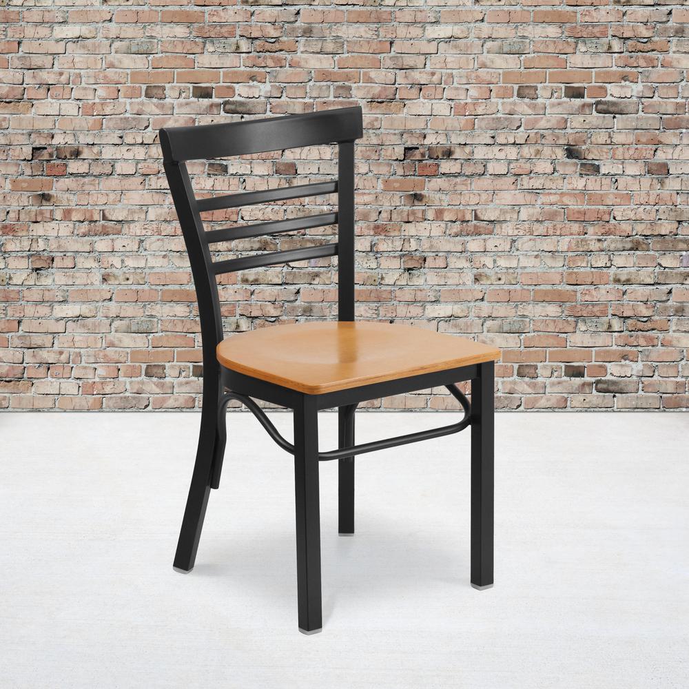 Black Three-Slat Ladder Back Metal Restaurant Chair - Natural Wood Seat. Picture 5