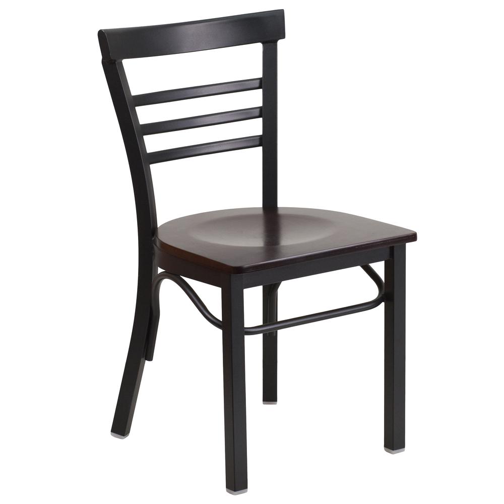 HERCULES Series Black Three-Slat Ladder Back Metal Restaurant Chair - Walnut Wood Seat. The main picture.