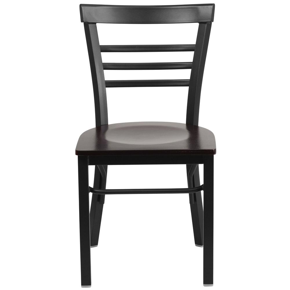 HERCULES Series Black Three-Slat Ladder Back Metal Restaurant Chair - Walnut Wood Seat. Picture 4