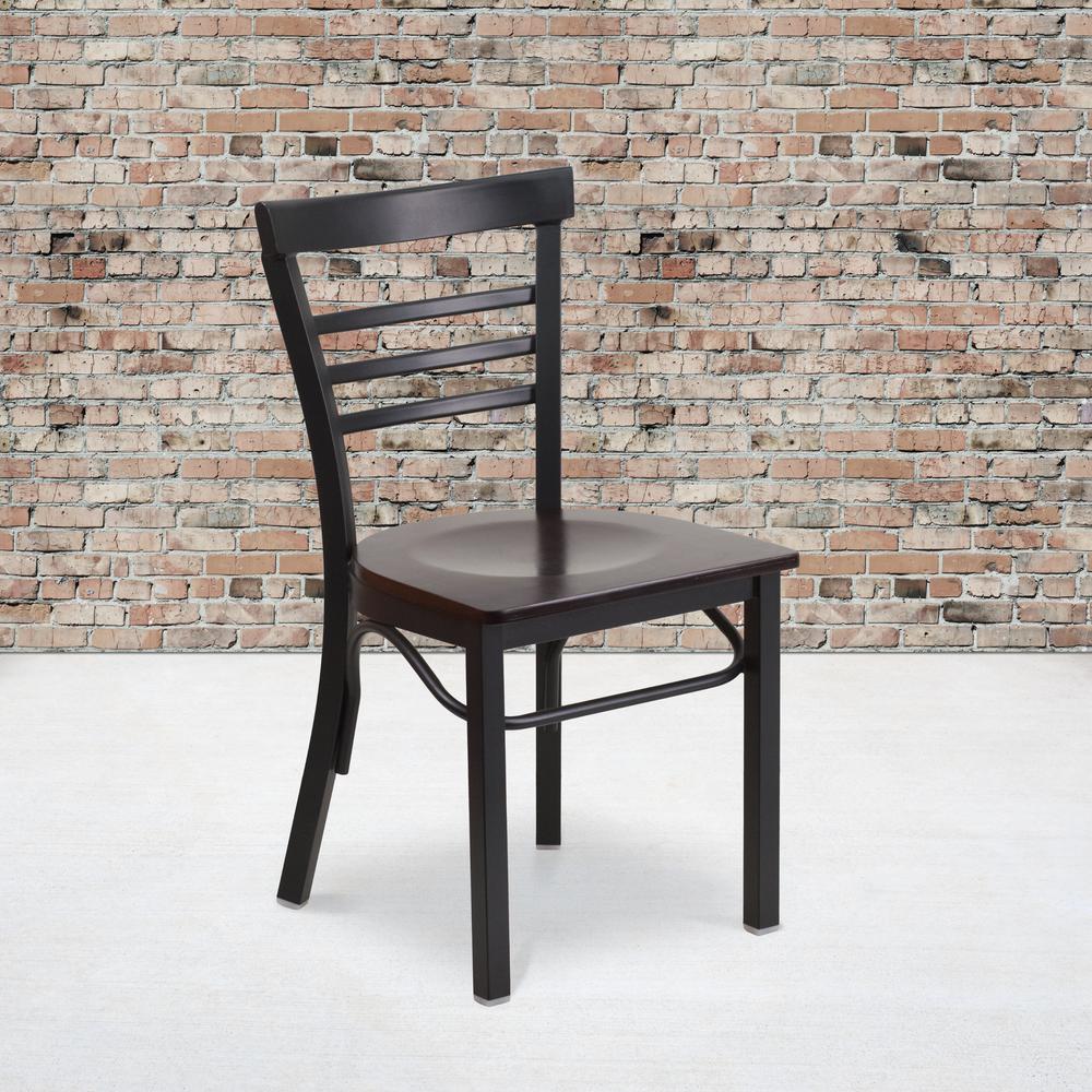 Black Three-Slat Ladder Back Metal Restaurant Chair - Walnut Wood Seat. Picture 5