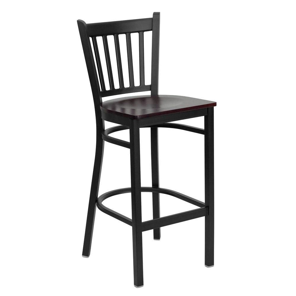 Black Vertical Back Metal Restaurant Barstool - Mahogany Wood Seat. Picture 1