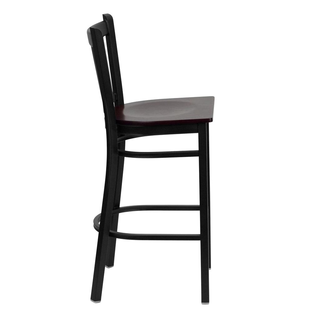 Black Vertical Back Metal Restaurant Barstool - Mahogany Wood Seat. Picture 2