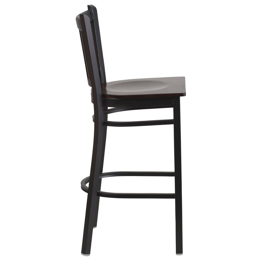 Black Vertical Back Metal Restaurant Barstool - Walnut Wood Seat. Picture 2