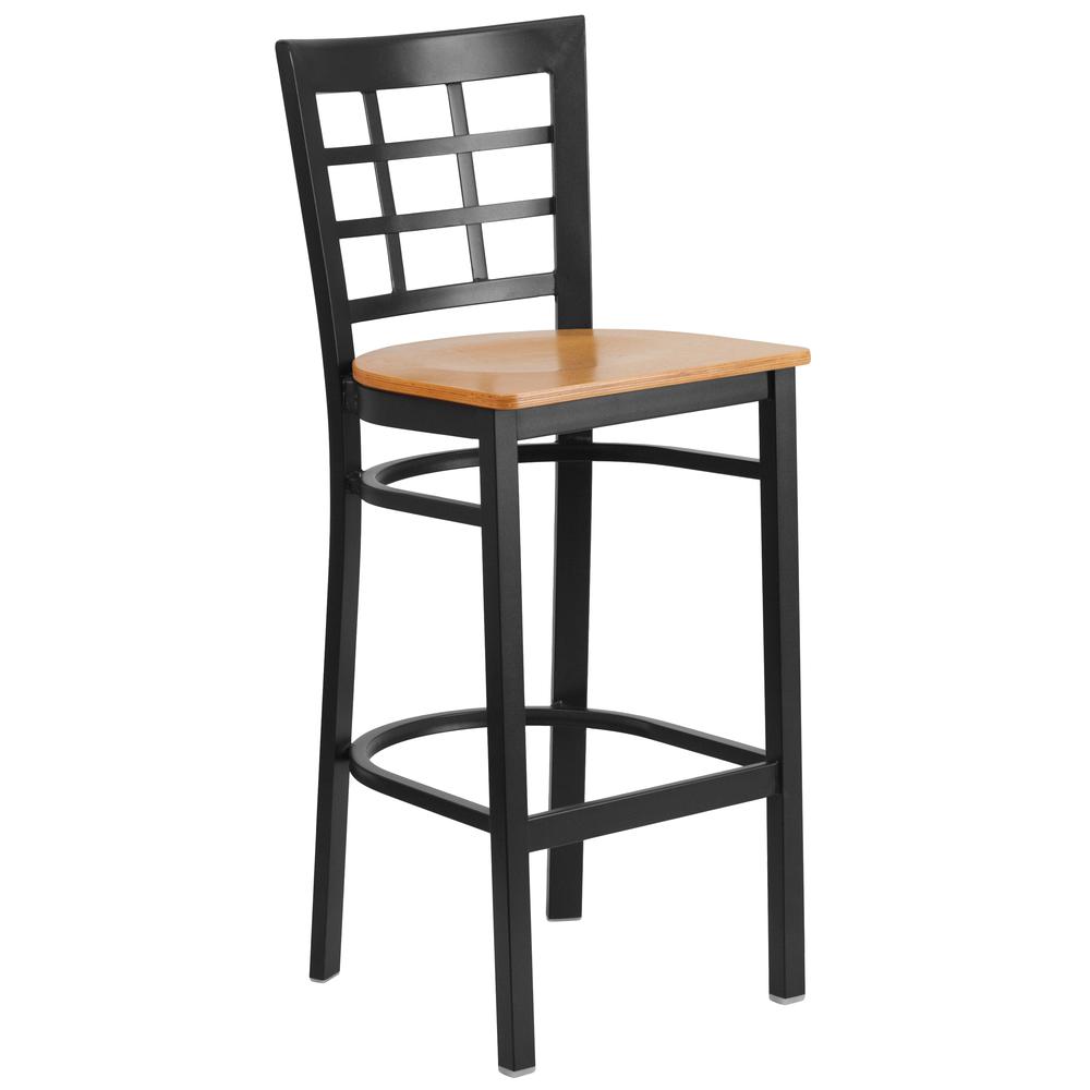 Black Window Back Metal Restaurant Barstool - Natural Wood Seat. The main picture.