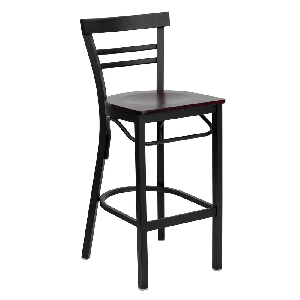 HERCULES Series Black Two-Slat Ladder Back Metal Restaurant Barstool - Mahogany Wood Seat. Picture 1