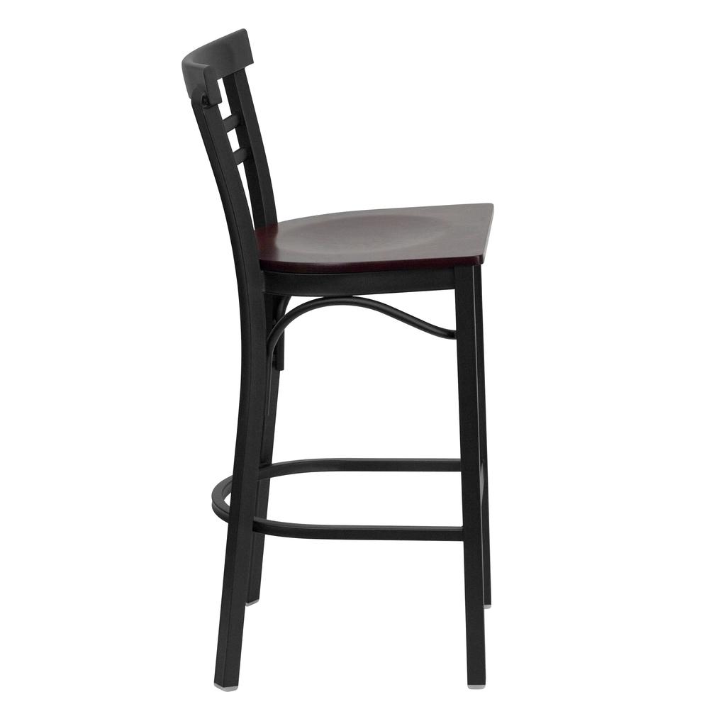 HERCULES Series Black Two-Slat Ladder Back Metal Restaurant Barstool - Mahogany Wood Seat. Picture 2