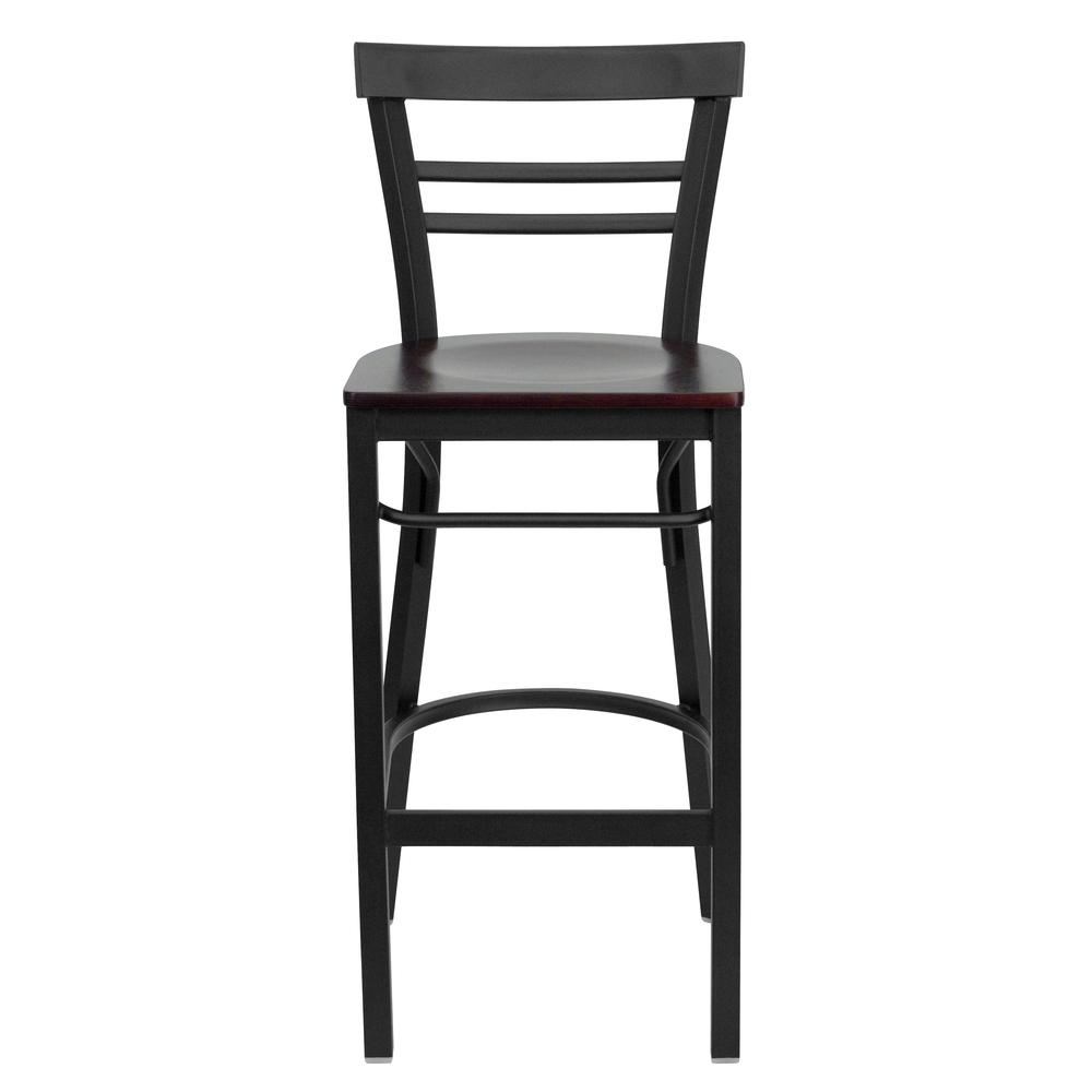 HERCULES Series Black Two-Slat Ladder Back Metal Restaurant Barstool - Mahogany Wood Seat. Picture 4