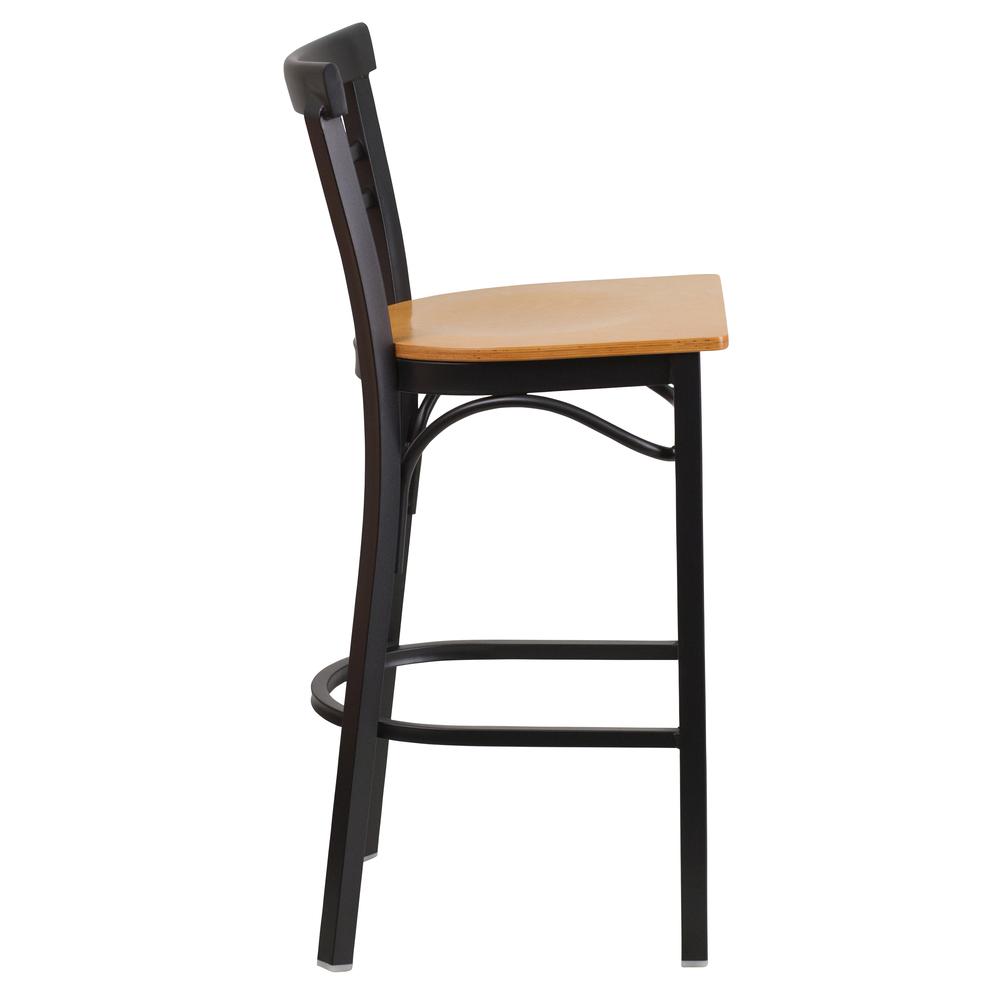 Black Two-Slat Ladder Back Metal Restaurant Barstool - Natural Wood Seat. Picture 2