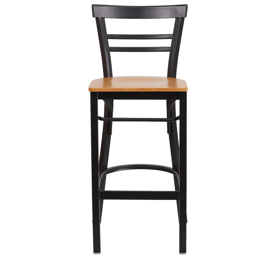 Black Two-Slat Ladder Back Metal Restaurant Barstool - Natural Wood Seat. Picture 4