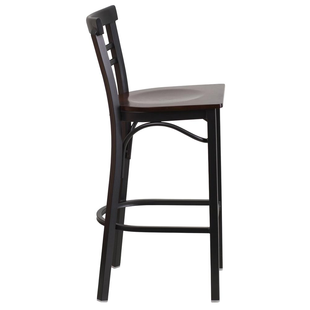 Black Two-Slat Ladder Back Metal Restaurant Barstool - Walnut Wood Seat. Picture 2