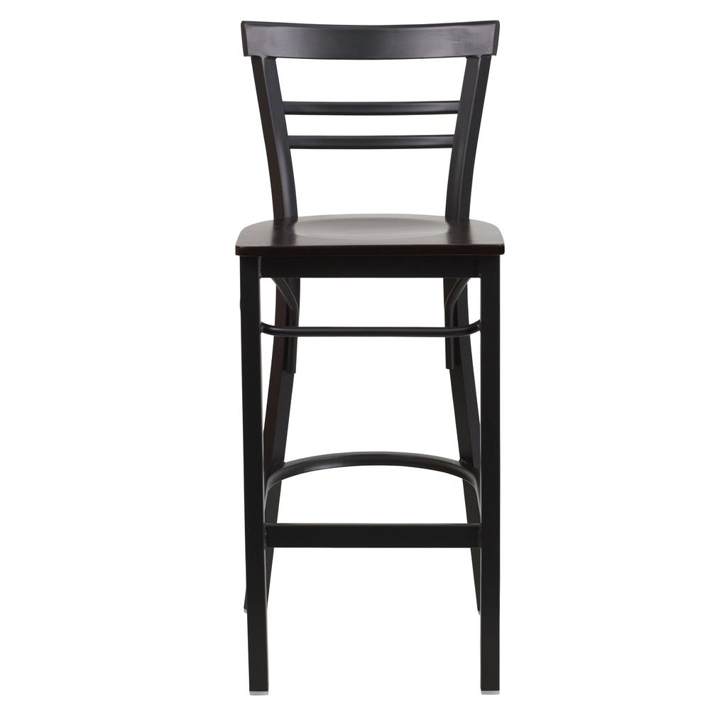 HERCULES Series Black Two-Slat Ladder Back Metal Restaurant Barstool - Walnut Wood Seat. Picture 4