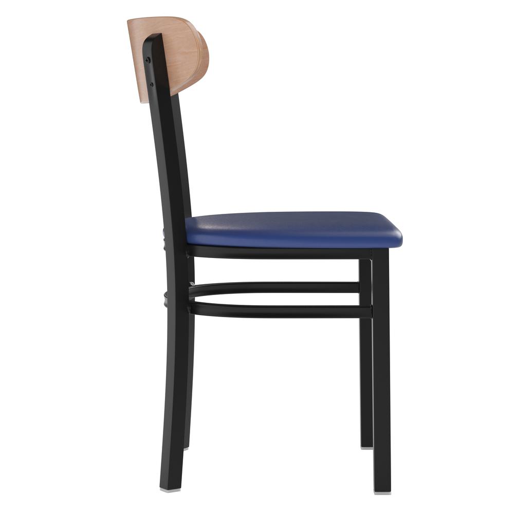 Dining Chair, Natural Birch Finish Wooden Boomerang Back, and Blue Vinyl Seat. Picture 9