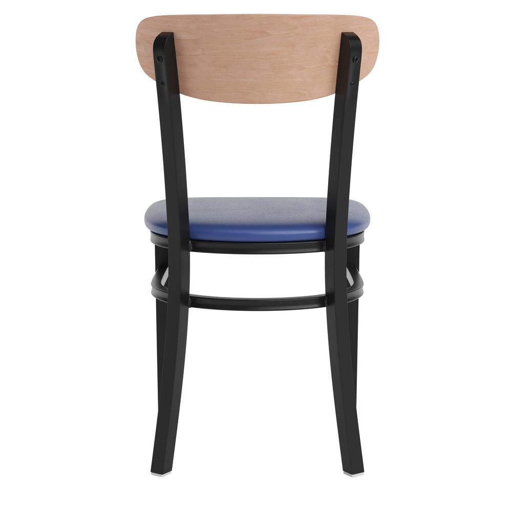 Dining Chair, Natural Birch Finish Wooden Boomerang Back, and Blue Vinyl Seat. Picture 8