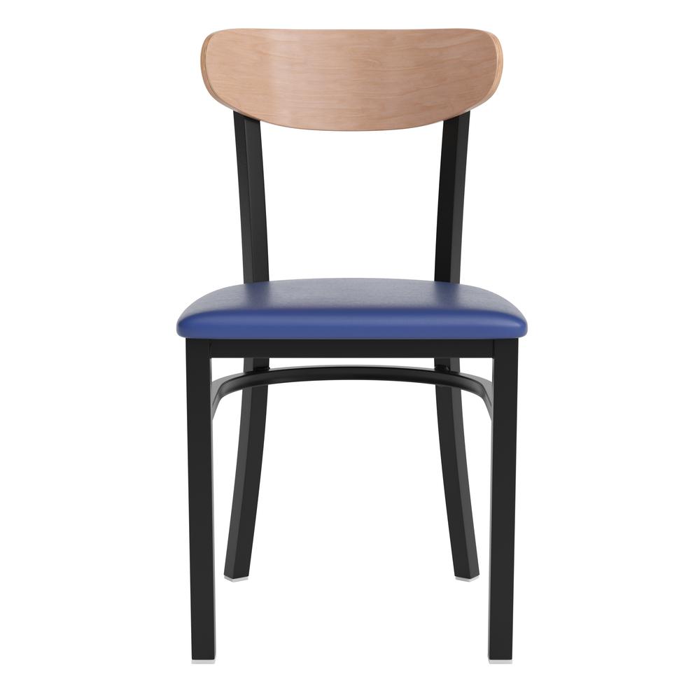 Dining Chair, Natural Birch Finish Wooden Boomerang Back, and Blue Vinyl Seat. Picture 10