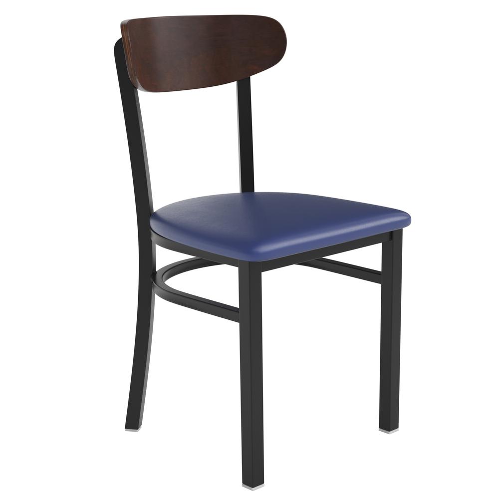 Dining Chair, Wooden Boomerang Back, and Blue Vinyl Seat. Picture 1