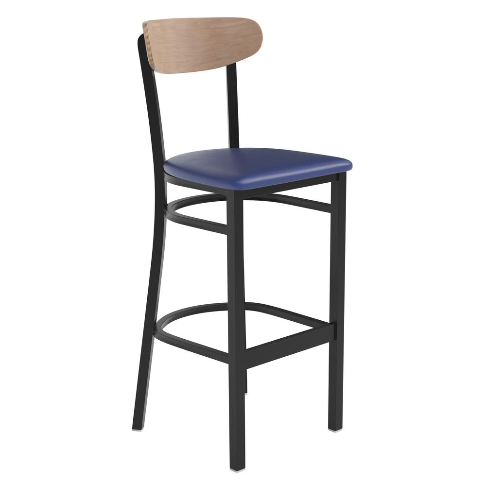 Barstool, Natural Birch Finish Wooden Boomerang Back, and Blue Vinyl Seat. Picture 2