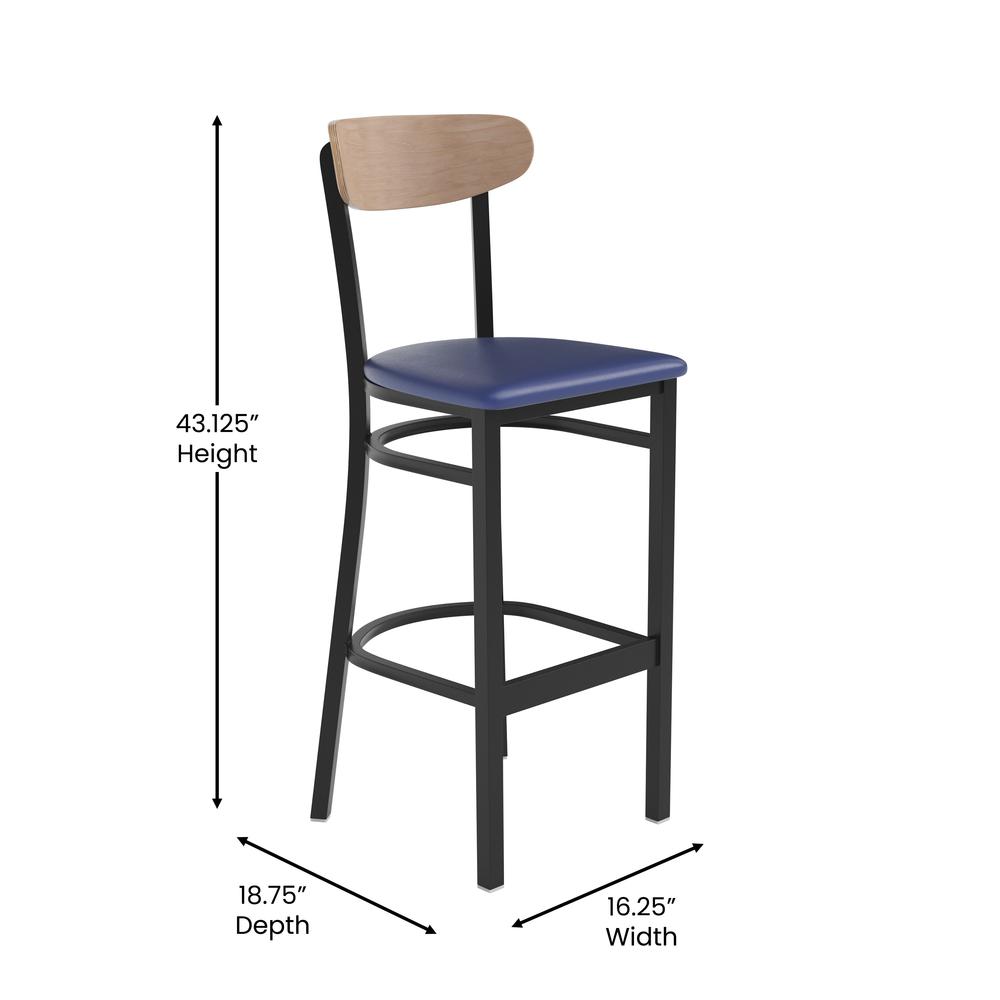 Barstool, Natural Birch Finish Wooden Boomerang Back, and Blue Vinyl Seat. Picture 5