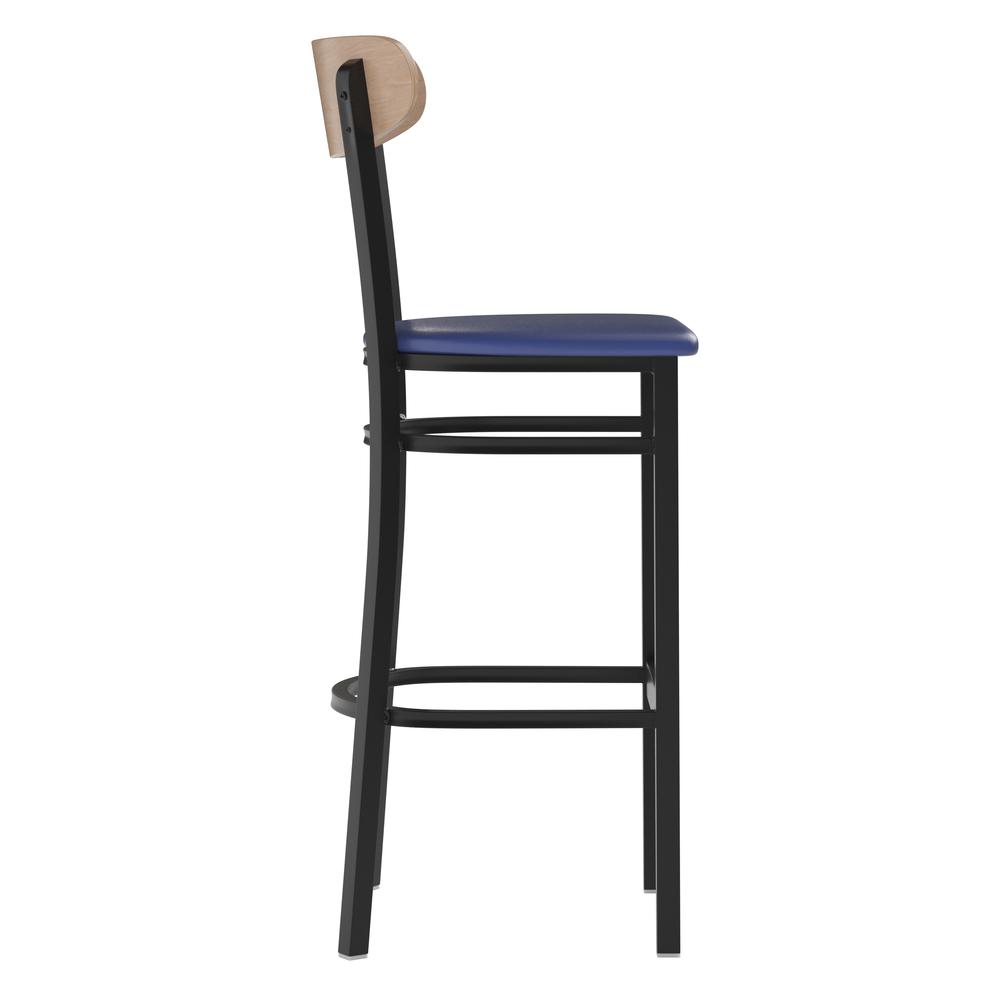 Barstool, Natural Birch Finish Wooden Boomerang Back, and Blue Vinyl Seat. Picture 9