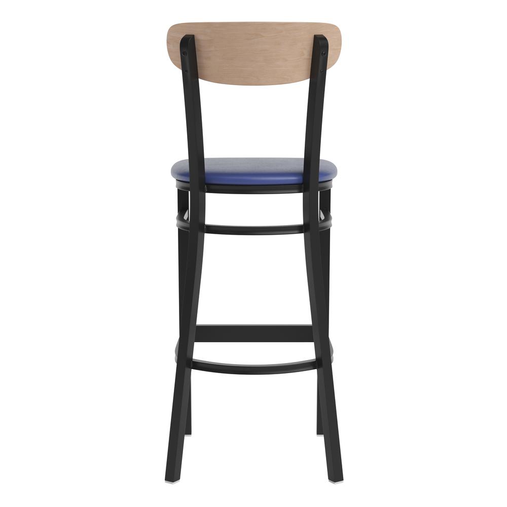 Barstool, Natural Birch Finish Wooden Boomerang Back, and Blue Vinyl Seat. Picture 8