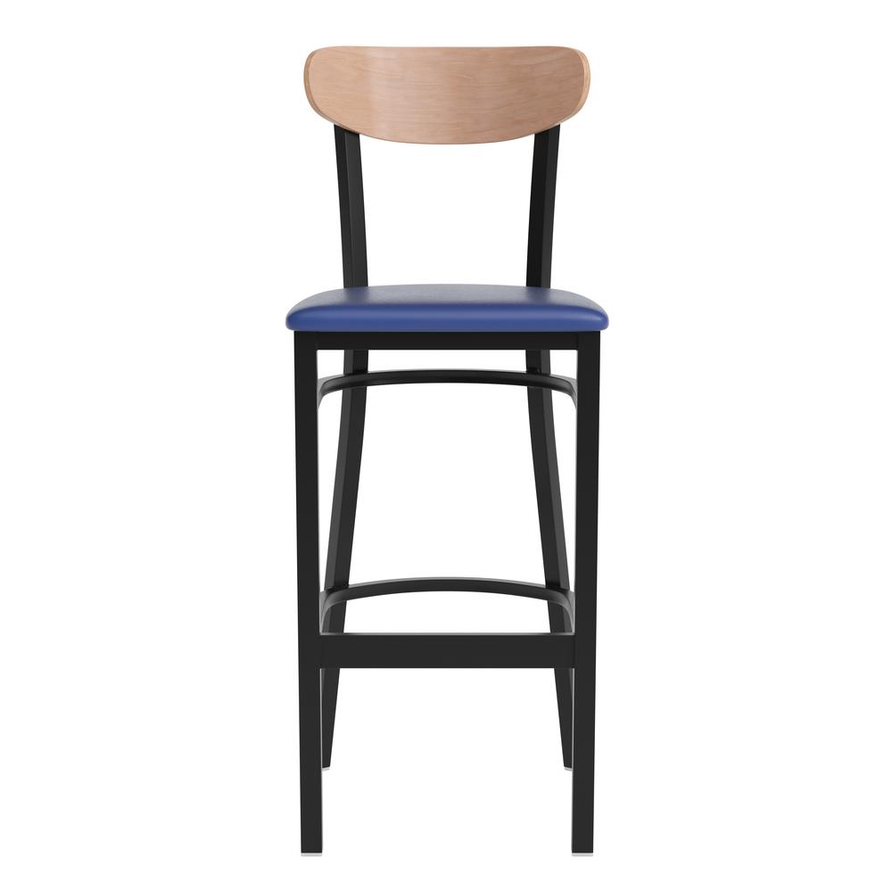 Barstool, Natural Birch Finish Wooden Boomerang Back, and Blue Vinyl Seat. Picture 10