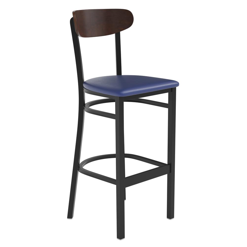 Barstool, Wooden Boomerang Back, and Blue Vinyl Seat. Picture 2