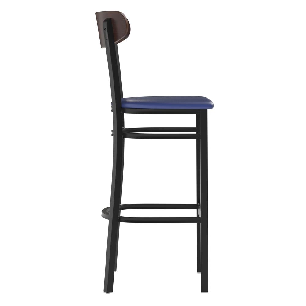 Barstool, Wooden Boomerang Back, and Blue Vinyl Seat. Picture 9