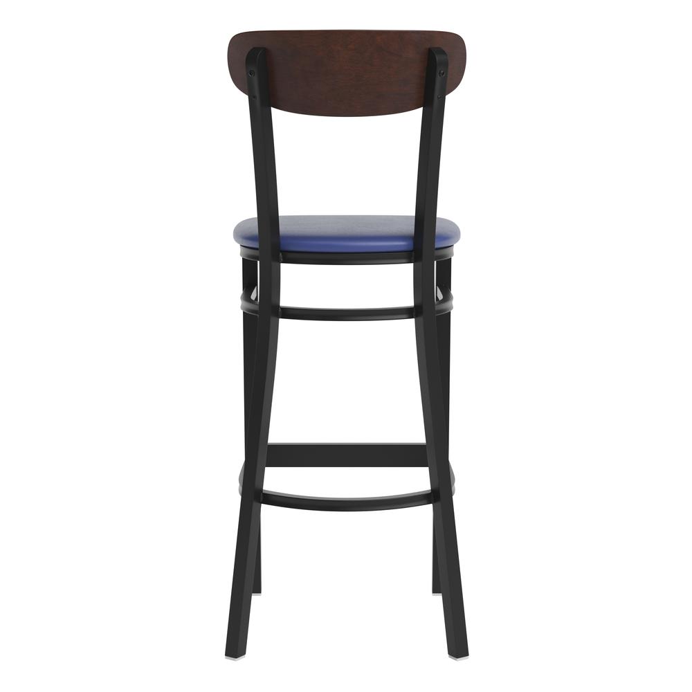 Commercial Bar Stool with Vinyl Upholstered Seat and Wood Boomerang Back. Picture 2