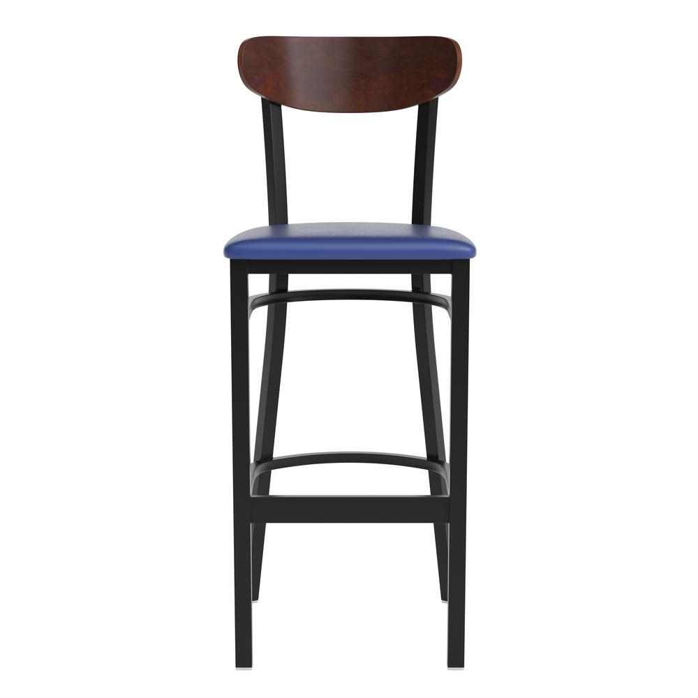 Barstool, Wooden Boomerang Back, and Blue Vinyl Seat. Picture 10