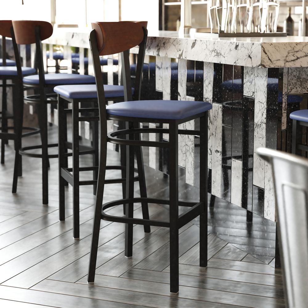 Commercial Bar Stool with Vinyl Upholstered Seat and Wood Boomerang Back. Picture 5