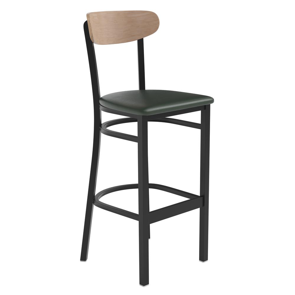 Barstool, Natural Birch Finish Wooden Boomerang Back, and Green Vinyl Seat. Picture 2