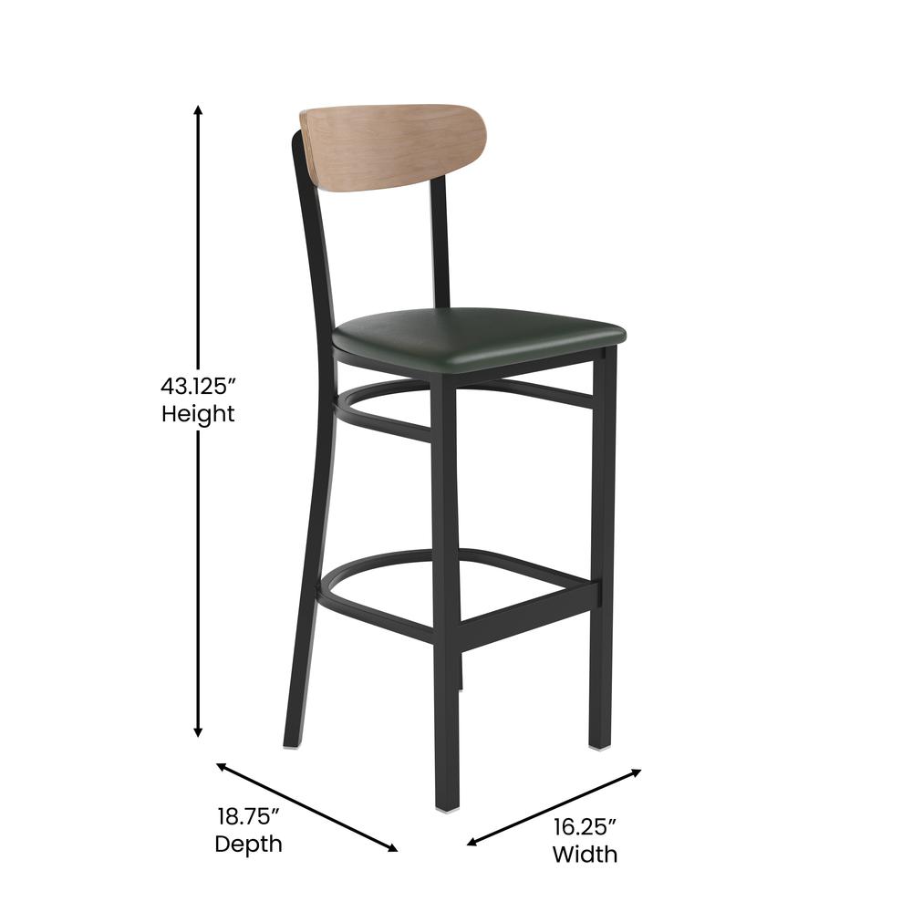Barstool, Natural Birch Finish Wooden Boomerang Back, and Green Vinyl Seat. Picture 5