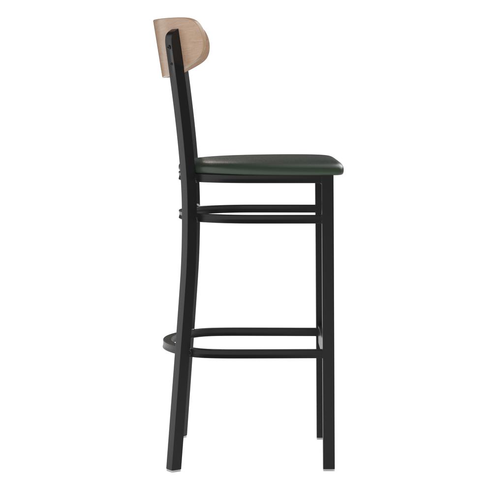 Commercial Bar Stool with Vinyl Upholstered Seat and Wood Boomerang Back. Picture 3