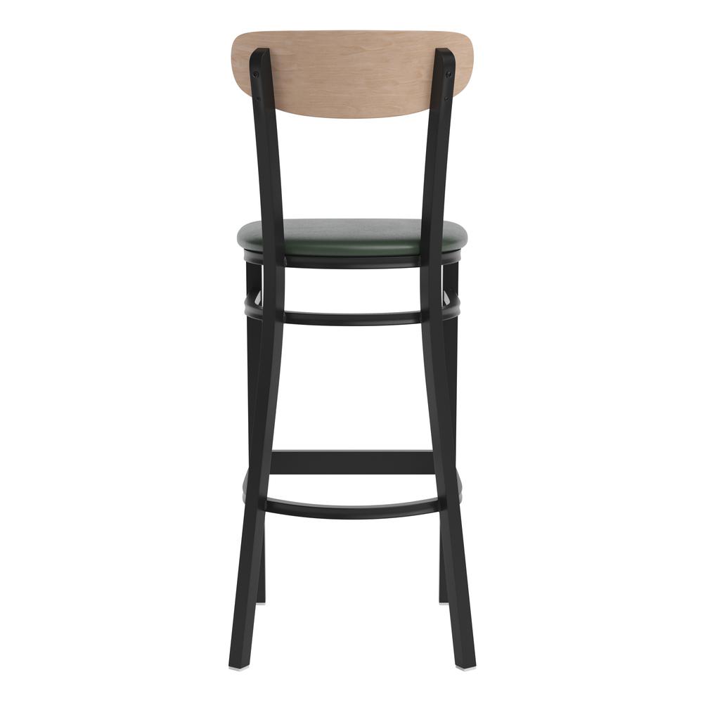Commercial Bar Stool with Vinyl Upholstered Seat and Wood Boomerang Back. Picture 2