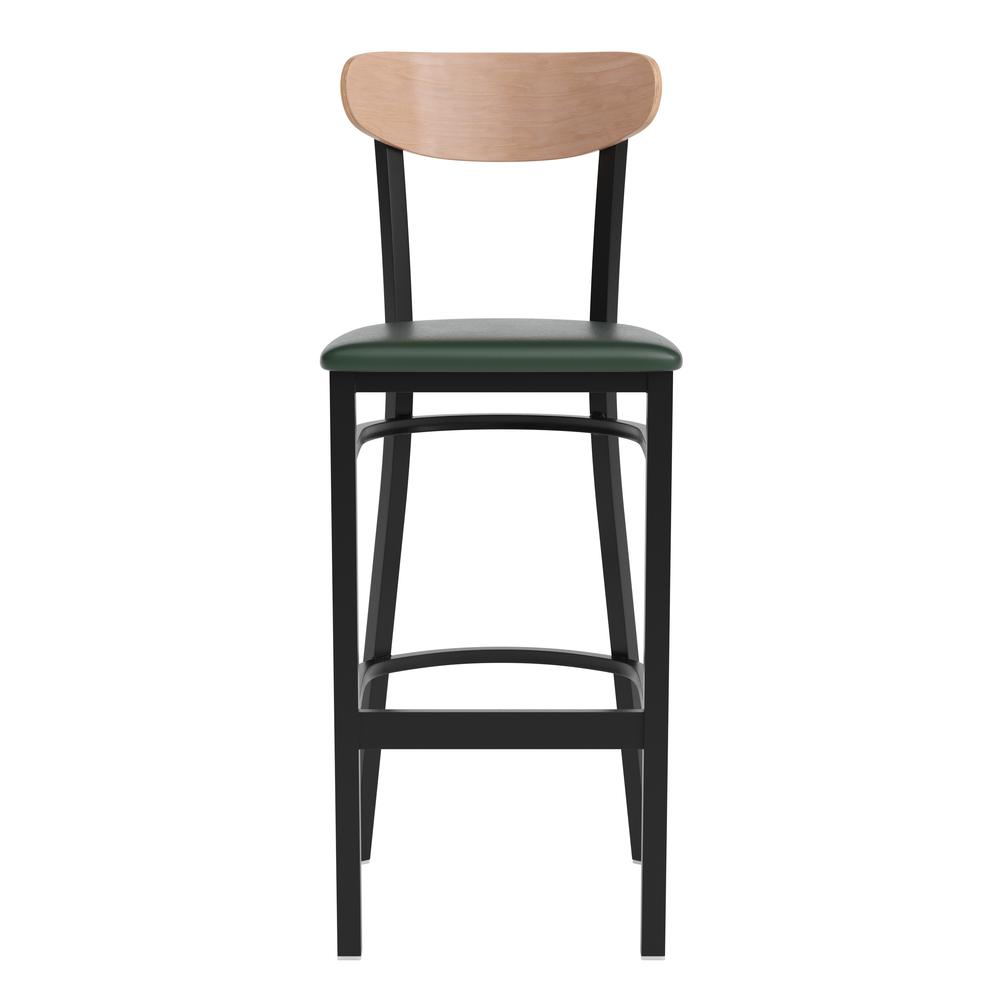 Barstool, Natural Birch Finish Wooden Boomerang Back, and Green Vinyl Seat. Picture 10