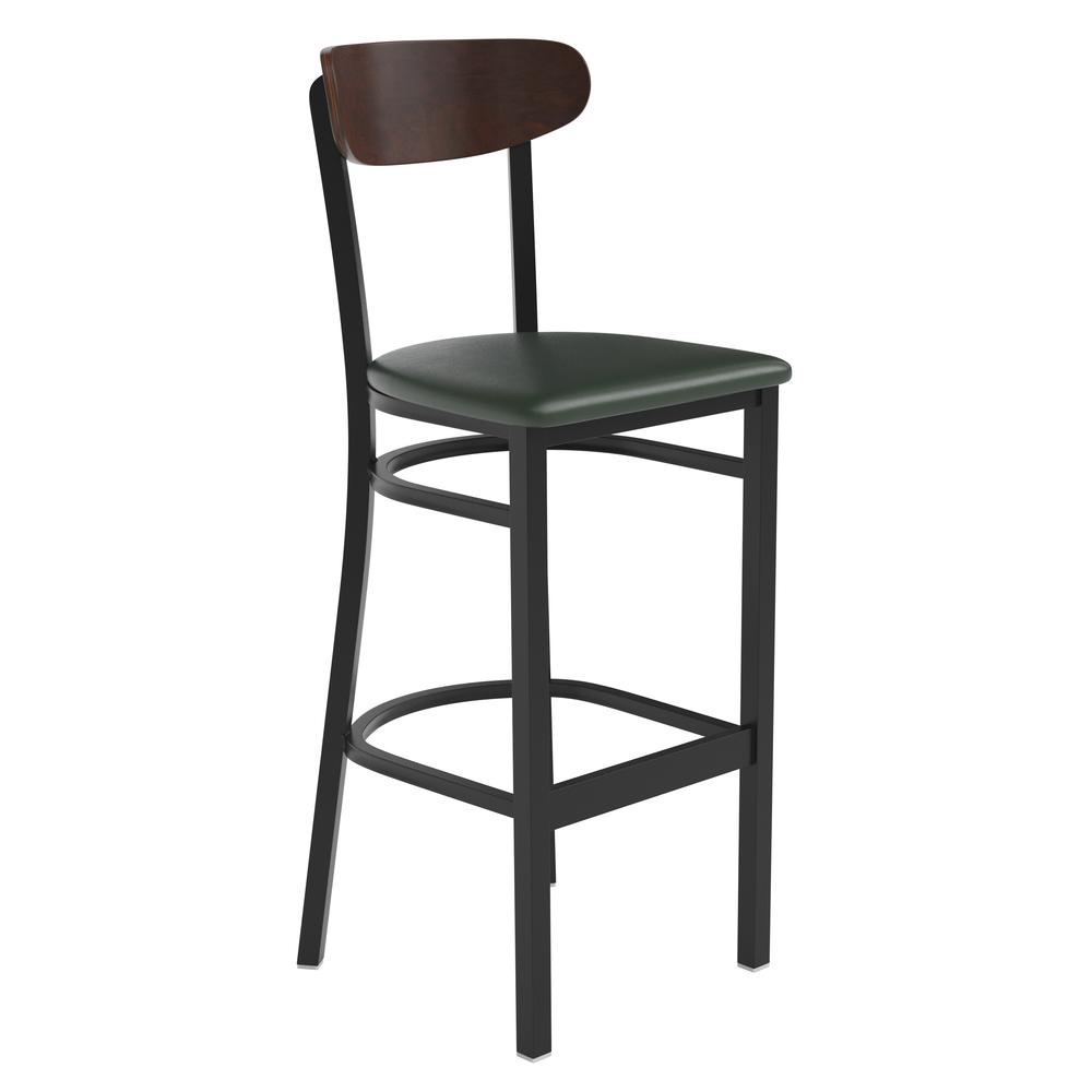Barstool, Wooden Boomerang Back, and Green Vinyl Seat. Picture 2