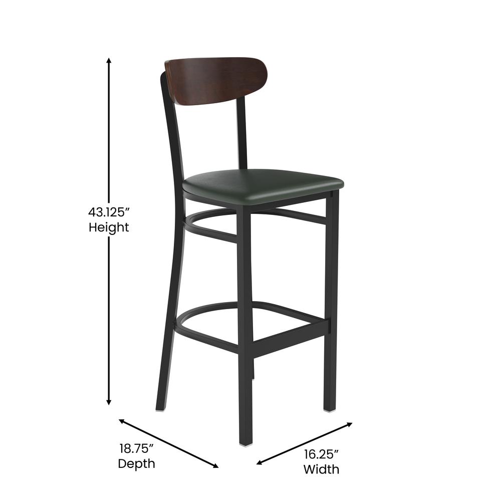 Barstool, Wooden Boomerang Back, and Green Vinyl Seat. Picture 5