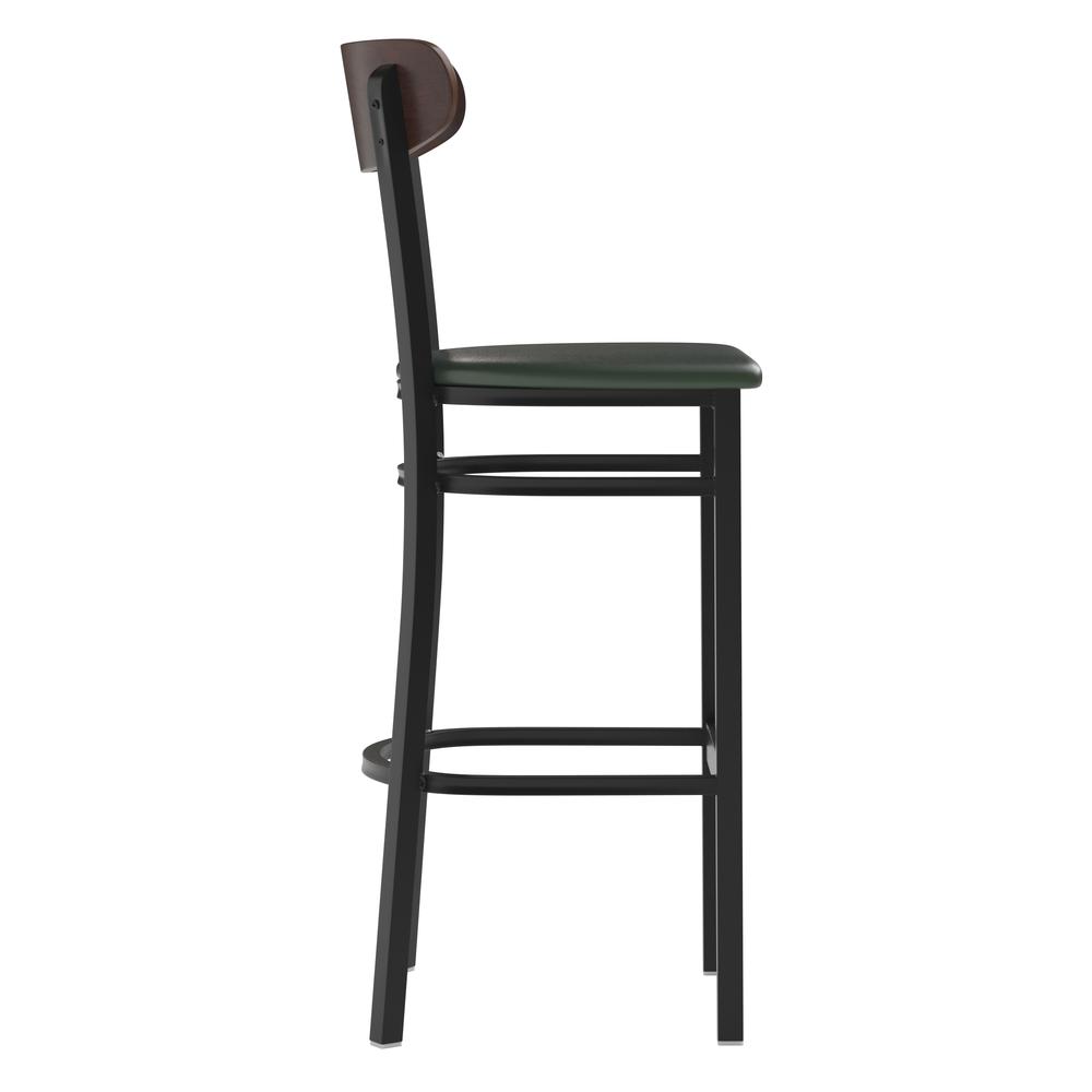 Barstool, Wooden Boomerang Back, and Green Vinyl Seat. Picture 9