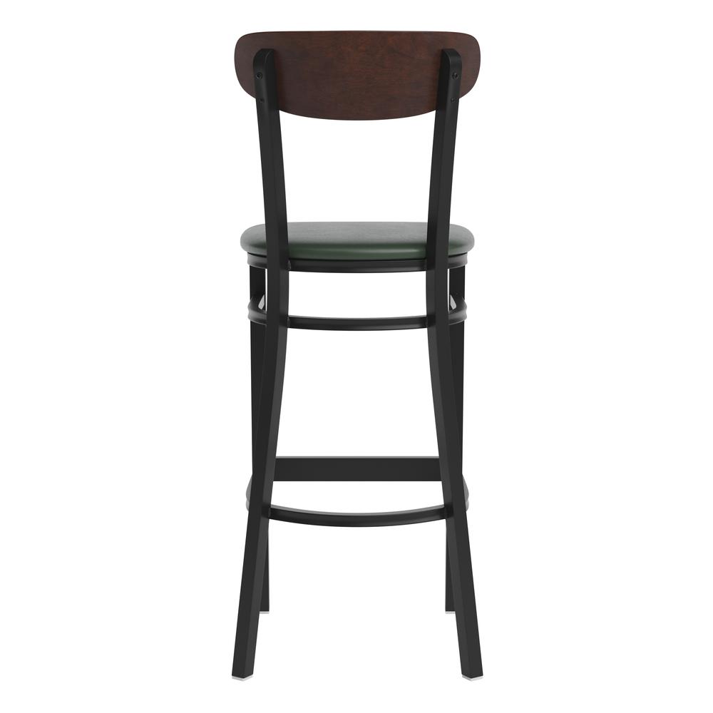 Barstool, Wooden Boomerang Back, and Green Vinyl Seat. Picture 8