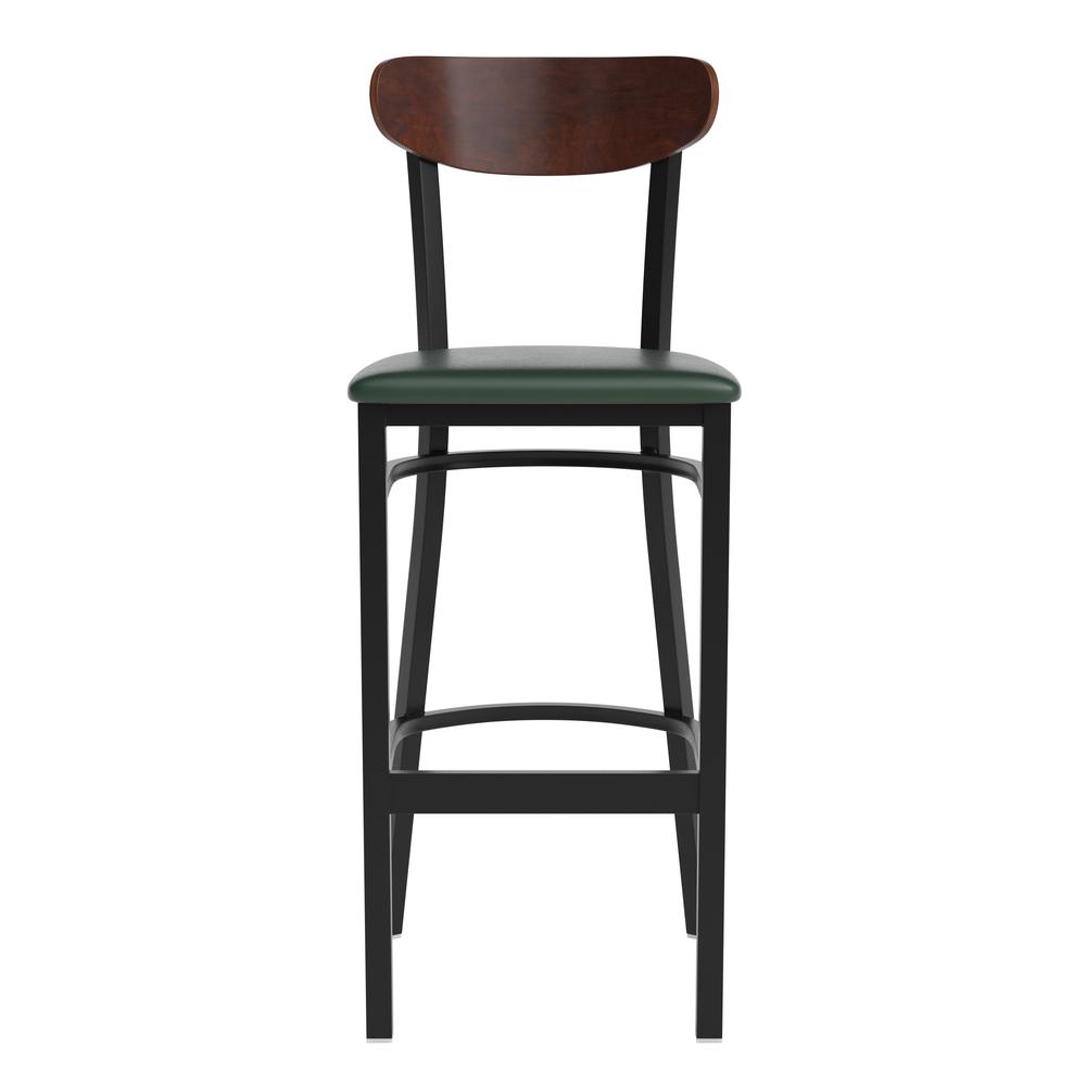 Barstool, Wooden Boomerang Back, and Green Vinyl Seat. Picture 10