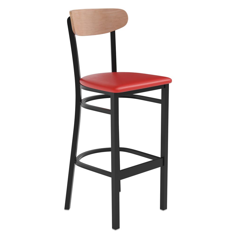 Barstool, Natural Birch Finish Wooden Boomerang Back, and Red Vinyl Seat. Picture 2