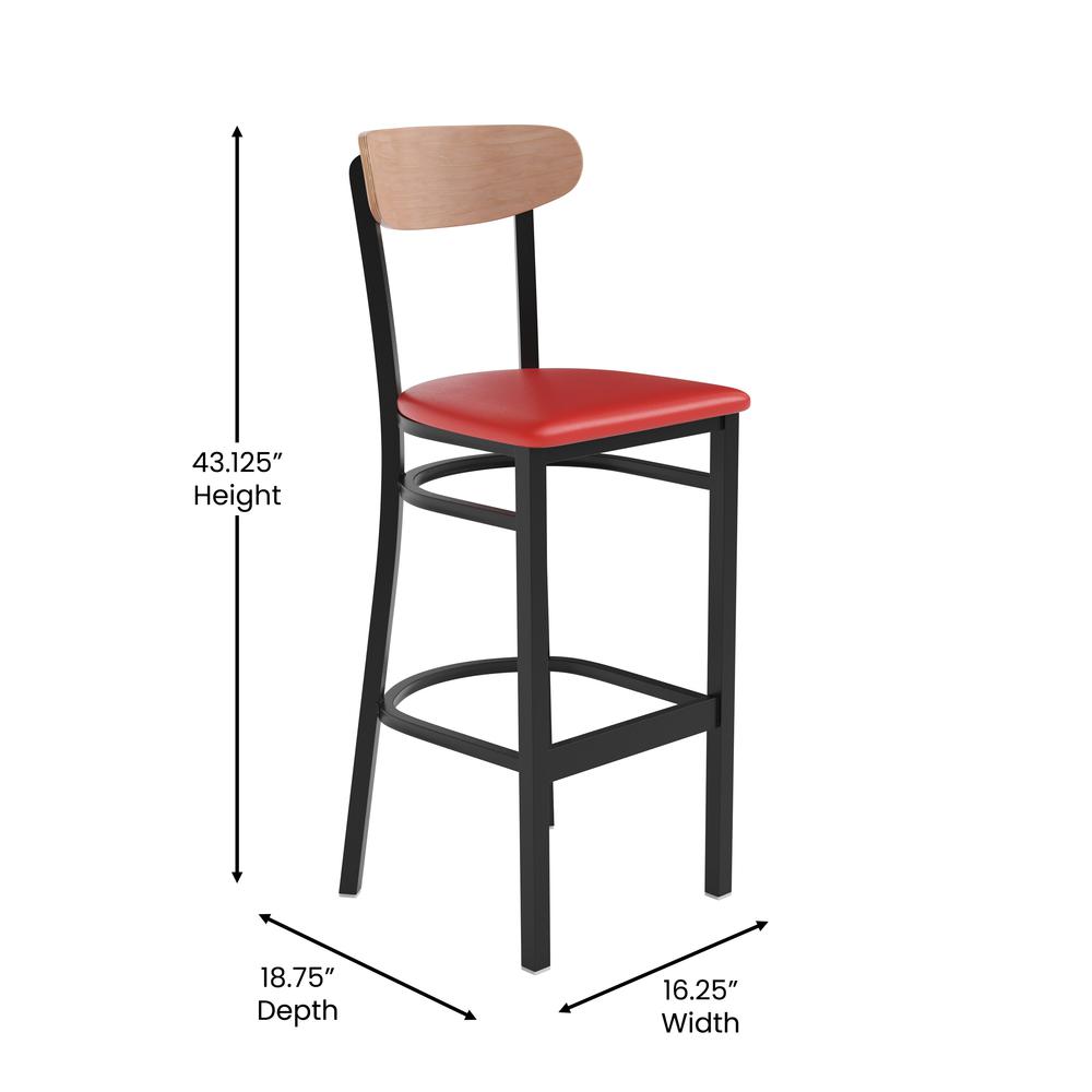 Barstool, Natural Birch Finish Wooden Boomerang Back, and Red Vinyl Seat. Picture 5