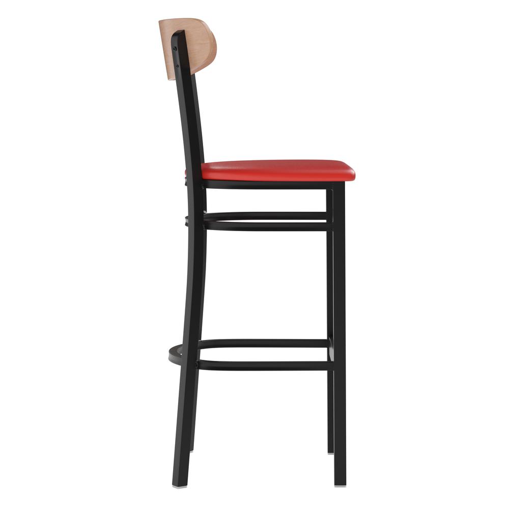 Barstool, Natural Birch Finish Wooden Boomerang Back, and Red Vinyl Seat. Picture 9