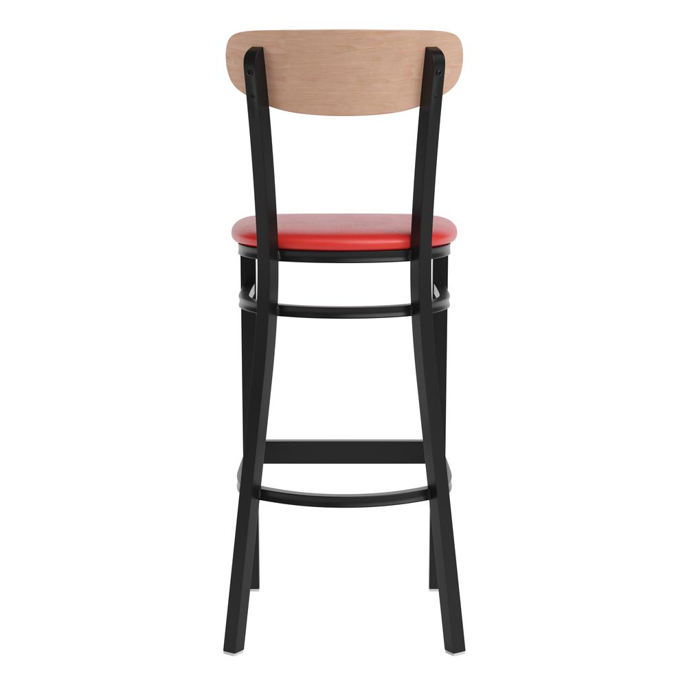 Barstool, Natural Birch Finish Wooden Boomerang Back, and Red Vinyl Seat. Picture 8