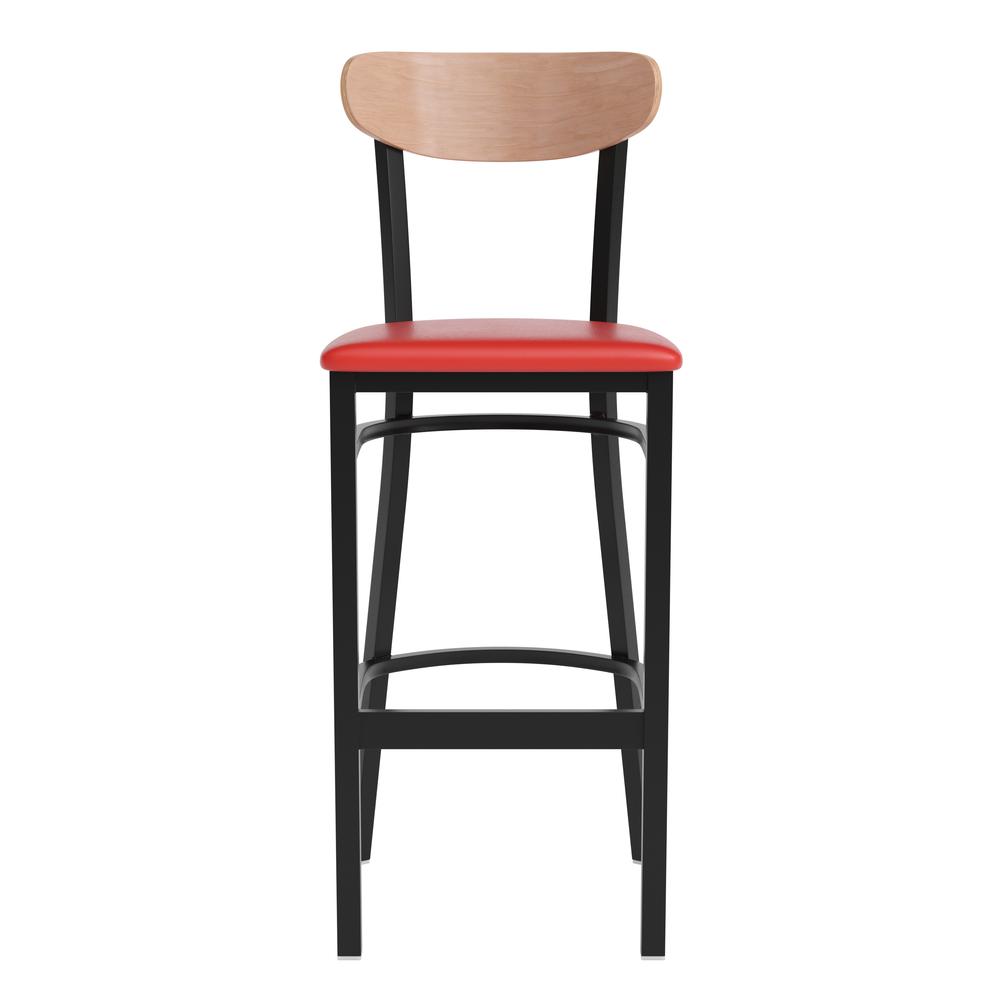 Barstool, Natural Birch Finish Wooden Boomerang Back, and Red Vinyl Seat. Picture 10