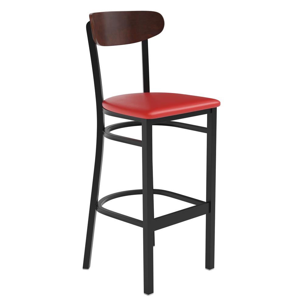 Wright Commercial Barstool with 500 LB. Capacity Black Steel Frame, Walnut Finish Wooden Boomerang Back, and Red Vinyl Seat. Picture 2