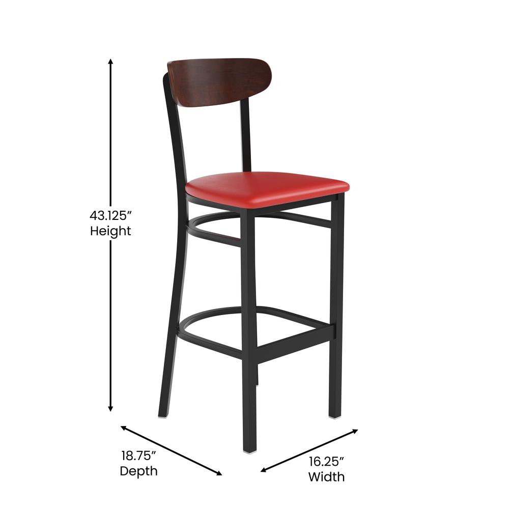 Wright Commercial Barstool with 500 LB. Capacity Black Steel Frame, Walnut Finish Wooden Boomerang Back, and Red Vinyl Seat. Picture 5
